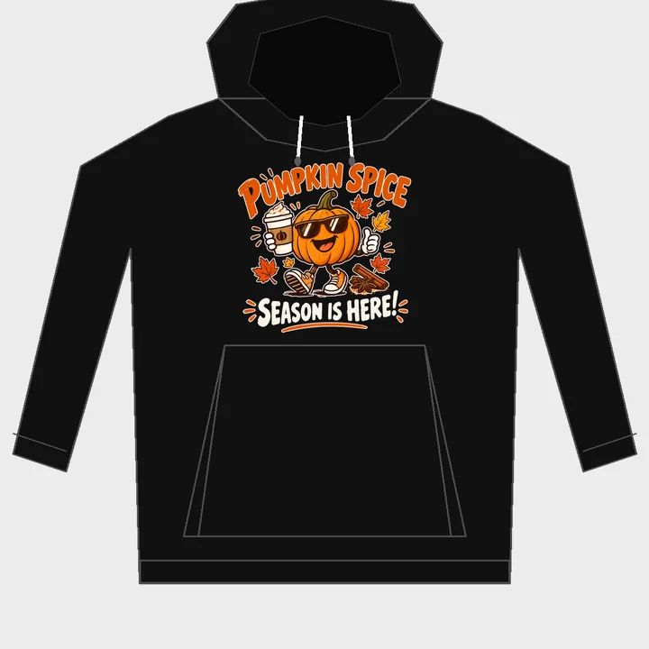 Pumpkin Spice Season Is Here! hoodie in black: a pumpkin in sunglasses with a coffee cup and autumn leaves